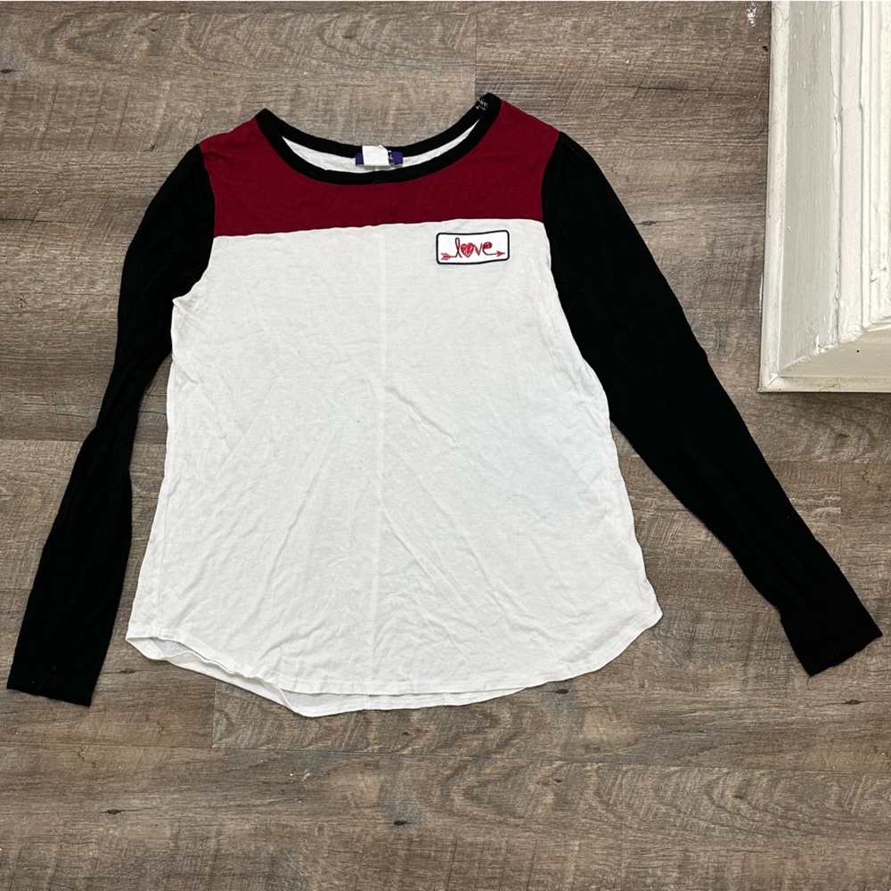 Women’s Long Sleeve Red Black & White Color Block Scoop Neck Top - Size Medium